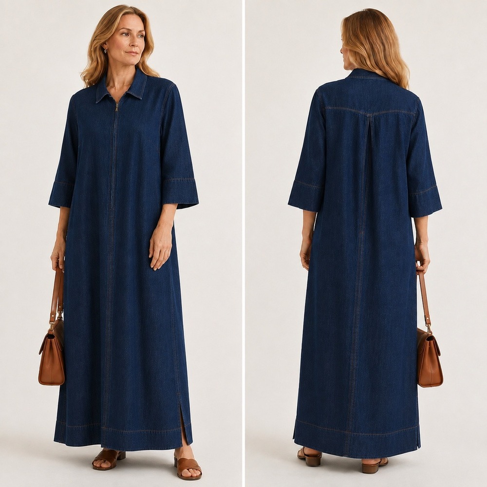 Vintage 90s Carolina Blues Denim Maxi Dress XL Half Zip Side Slits Cotton Modest